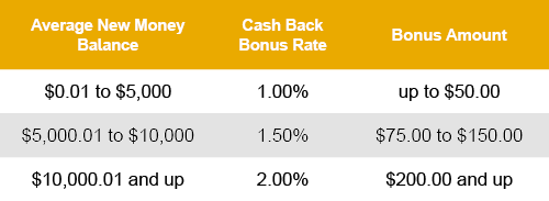 Cash Back Bonus Rate Table