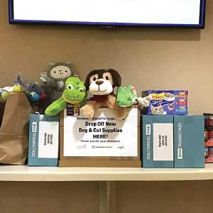 Image of a donation box filled with toys and food at our Juan Tabo branch