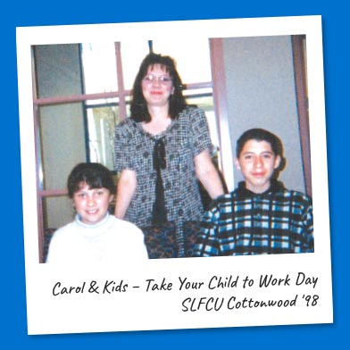 Carol & kids, Take Your Child to Work Day, SLFCU Cottonwood Branch m'98